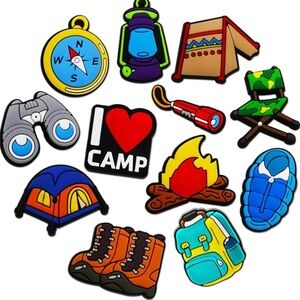 New Croc Charms Jibbitz I Love Camping Hiking Tent Outdoors Fire Backpack NWT